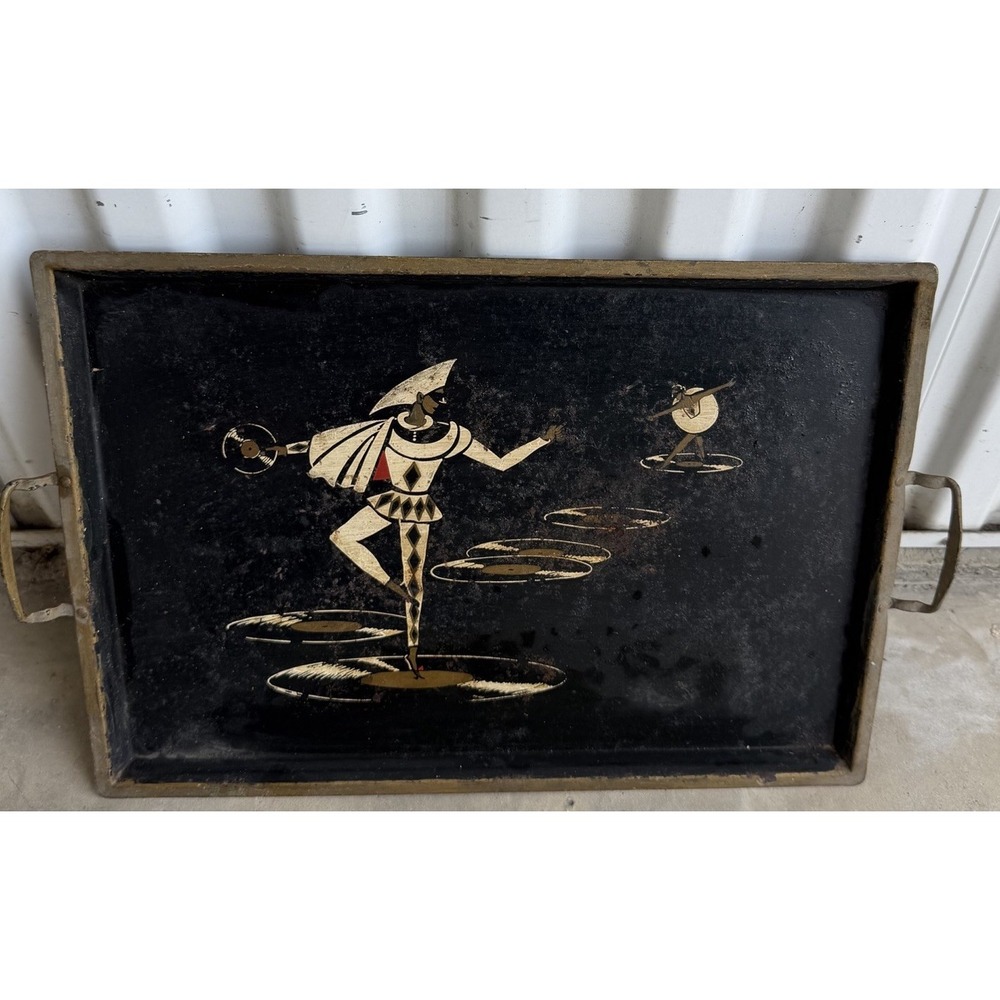 Vintage Art Deco Serving Tray Metal Hand Painted Pierrot Harlequin Dancer 1930s